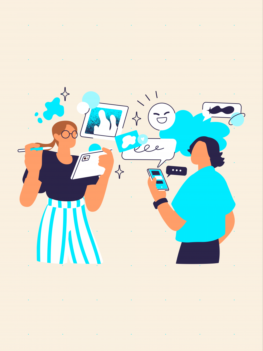 Twee geanimeerde personages zijn bezig met social media en het creatieve proces van contentcreatie