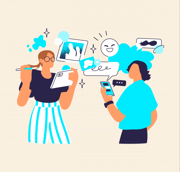 Twee geanimeerde personages zijn bezig met social media en het creatieve proces van contentcreatie